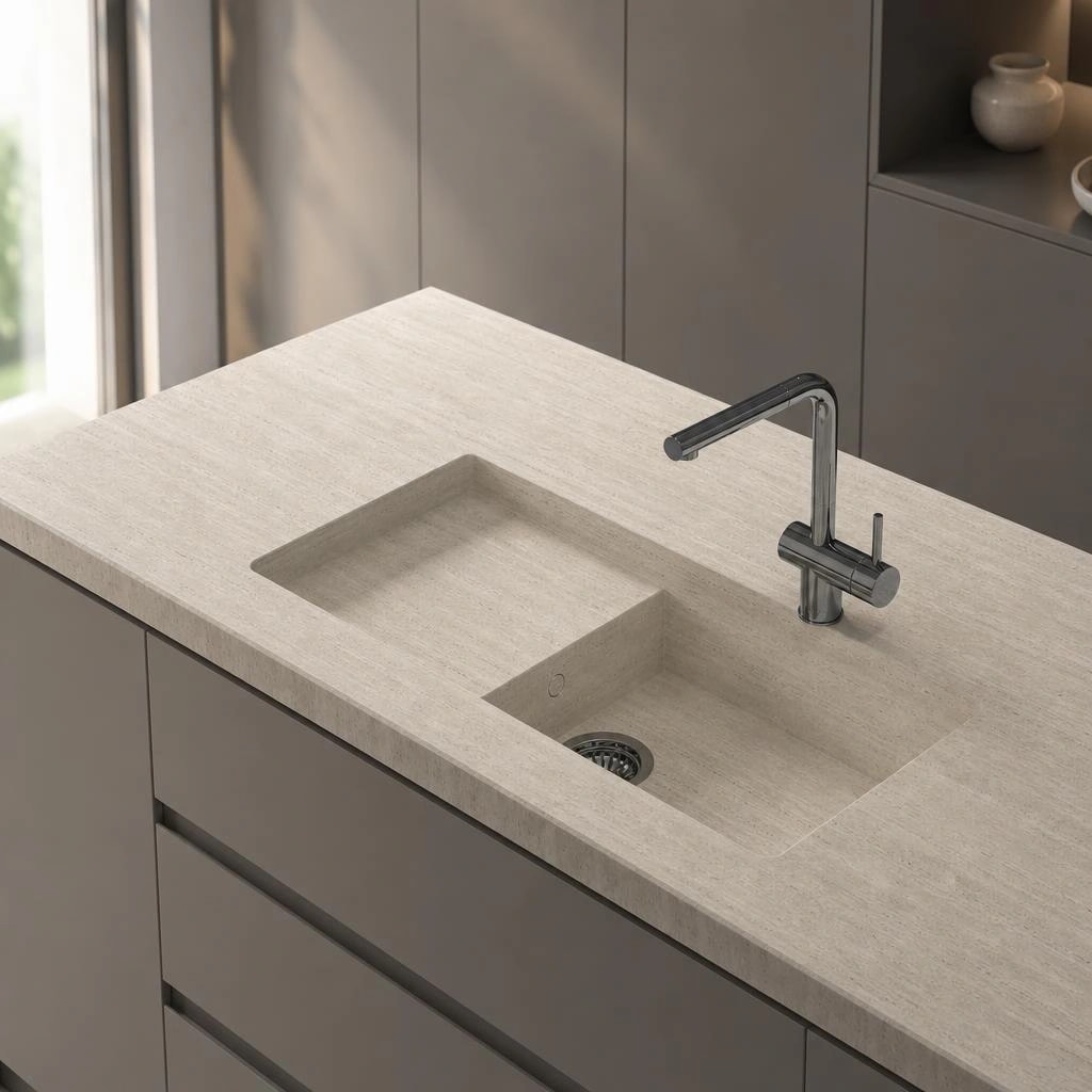 Dekton Nebu countertop with integrated sink and chrome faucet