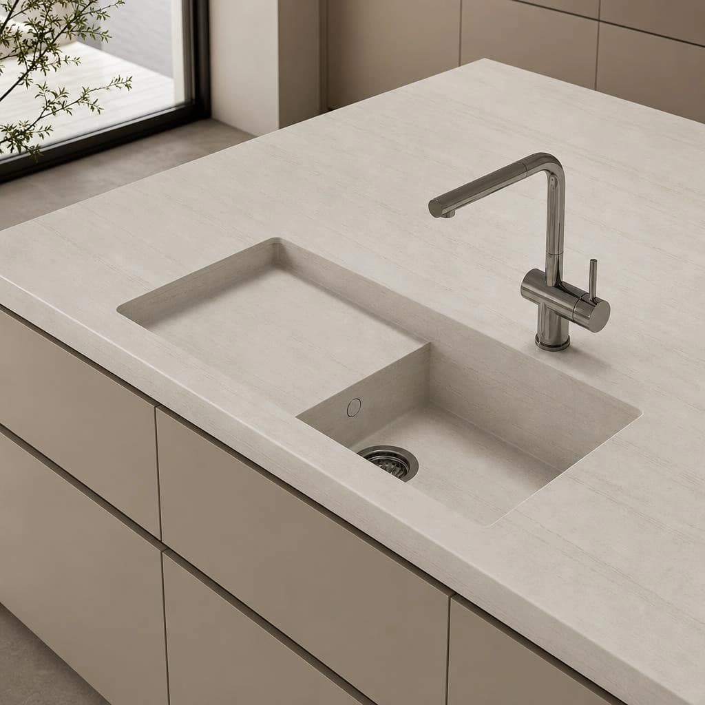 Bancada Dekton Portitxol em Neural com lava-loiça integrado e torneira metálica