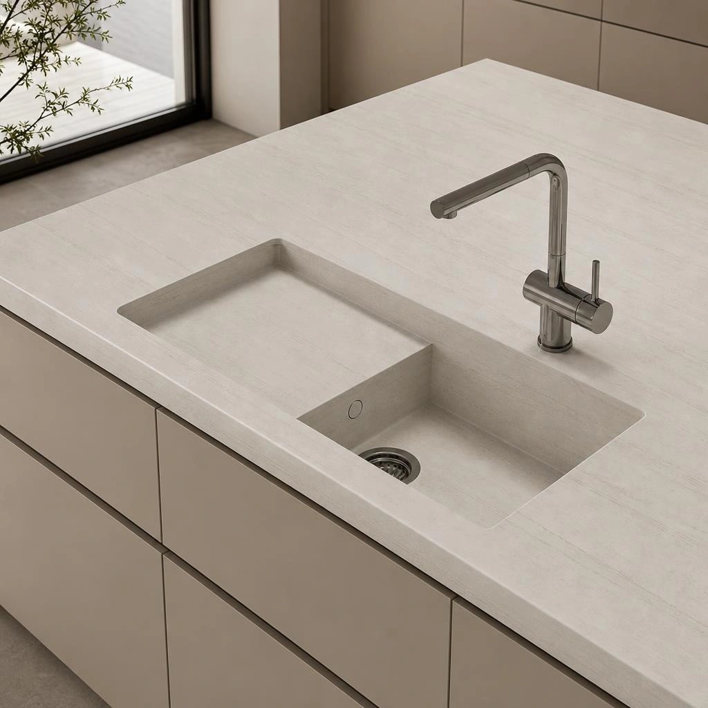 Dekton Portitxol countertop in Neural with integrated sink and metal tap