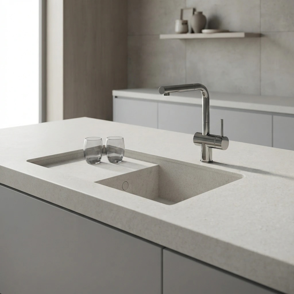 White Dekton Polar countertop with integrated sink and chrome faucet