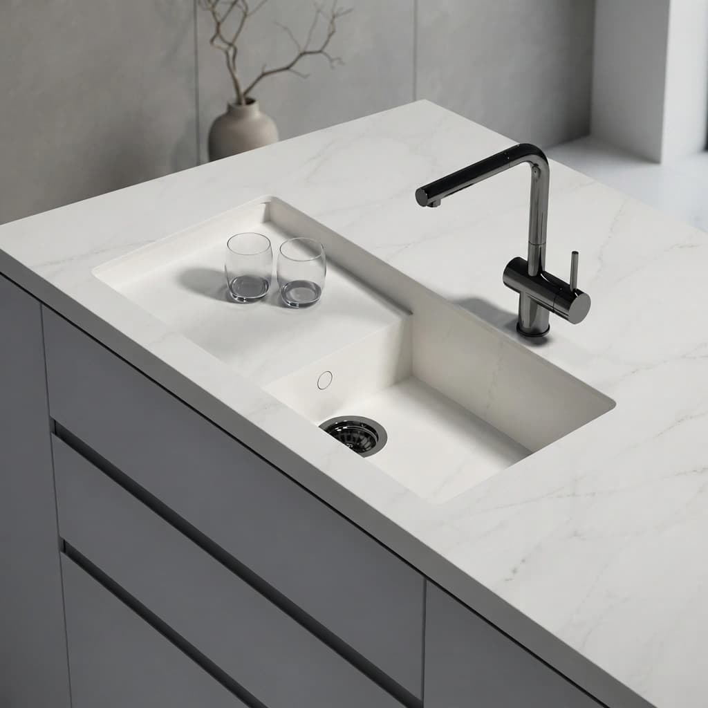 White Dekton Rem countertop with integrated sink and black tap