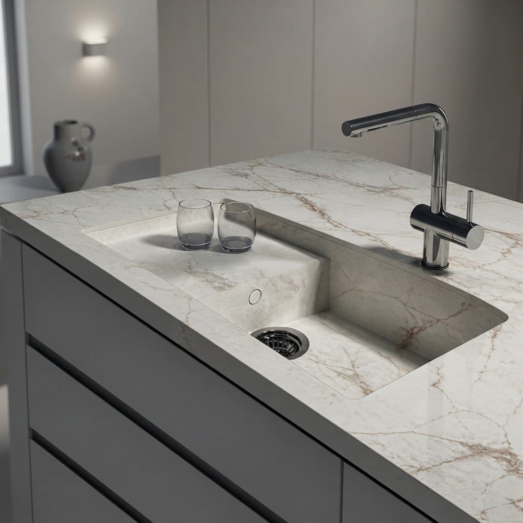Piano di lavoro Dekton Reverie con lavello integrato e rubinetto cromato