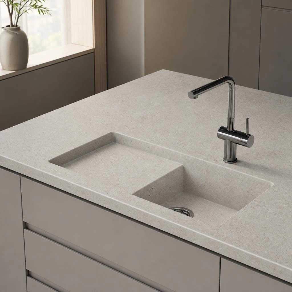 Dekton Portitxol worktop in Sabbia with integrated sink and chrome tap