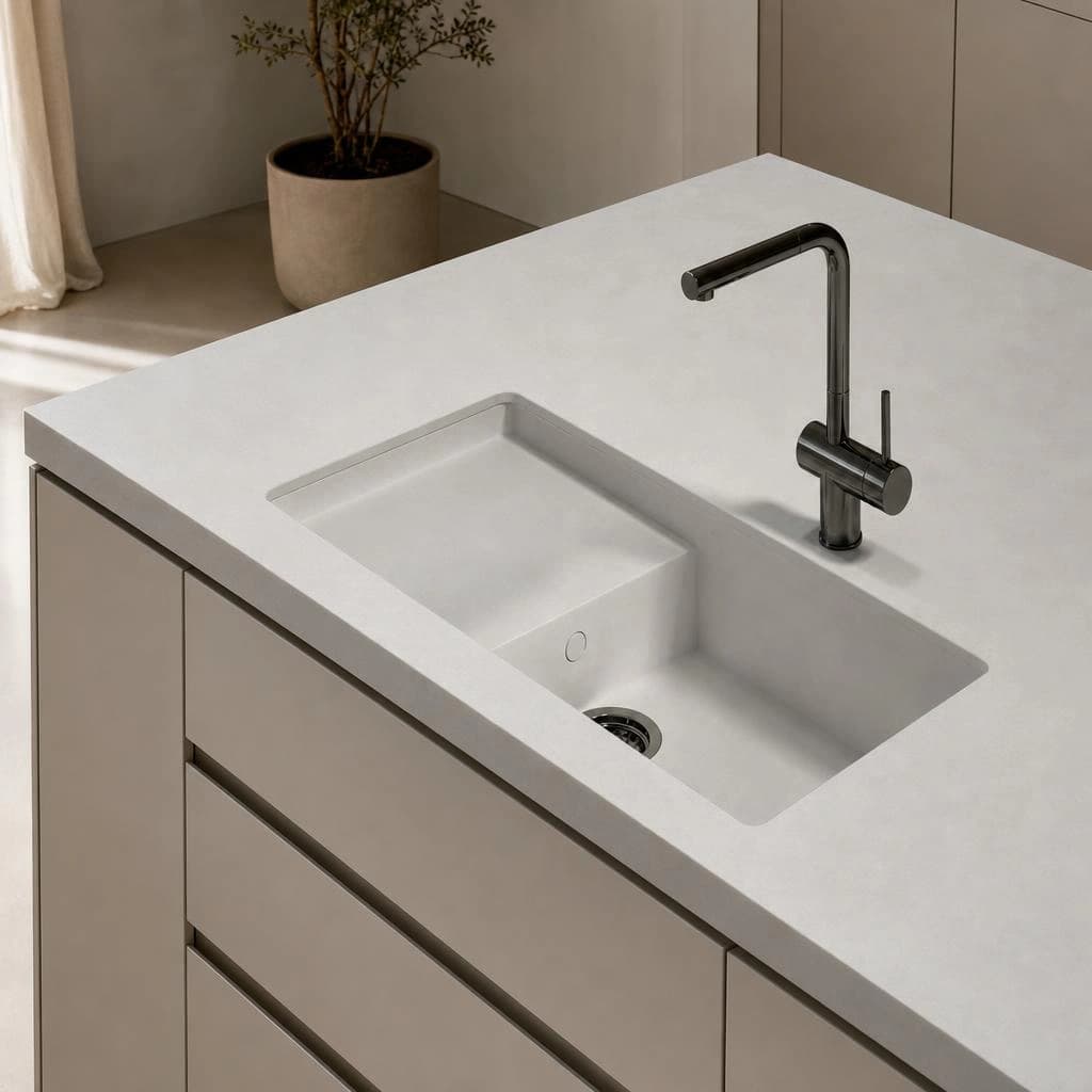 Dekton Sandik countertop with integrated sink and black tap