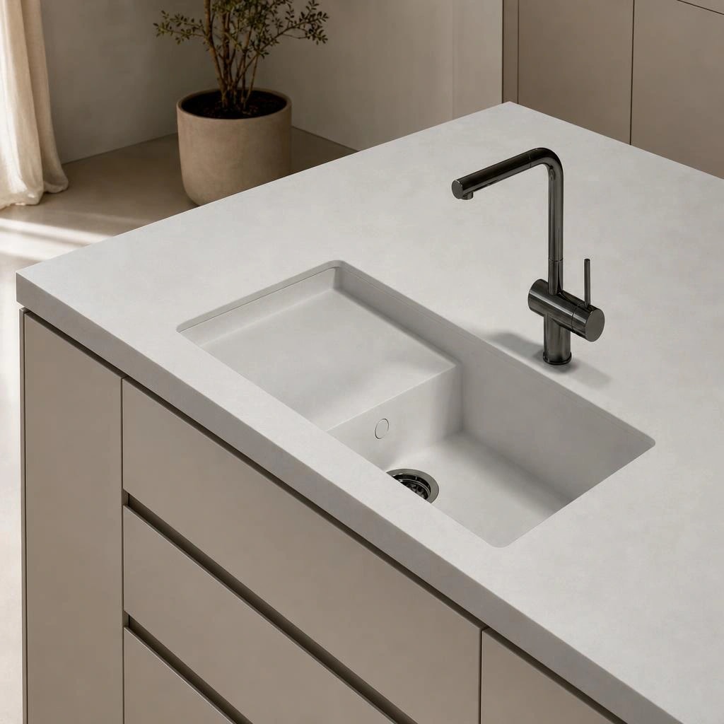 Dekton Sandik countertop with integrated sink and black tap