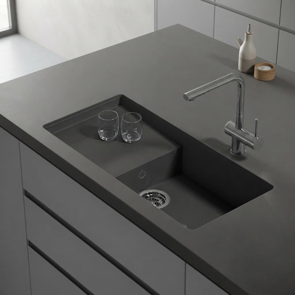 Dekton Sirius Arbeitsplatte mit integriertem Spülbecken, Chromarmatur und zwei Gläsern