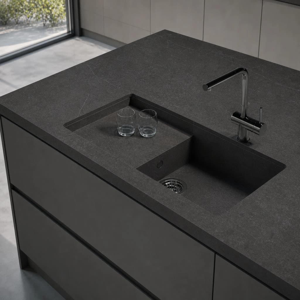 Dekton Portitxol countertop in Soke with integrated sink, black tap and two glasses