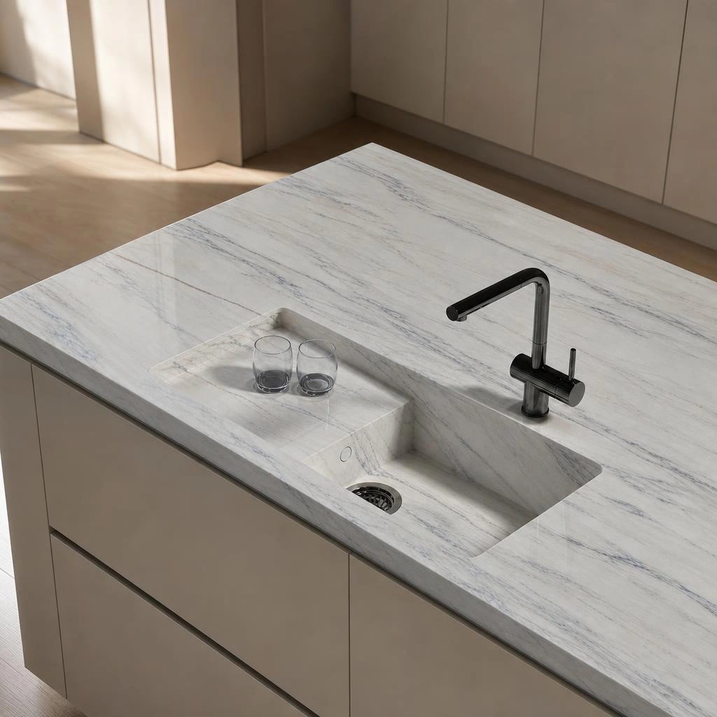 Dekton Trance countertop with integrated sink and black faucet