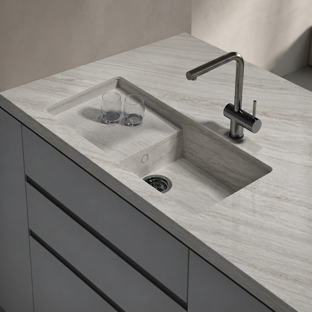 Piano di lavoro Dekton Trevi con lavello integrato e rubinetto in metallo