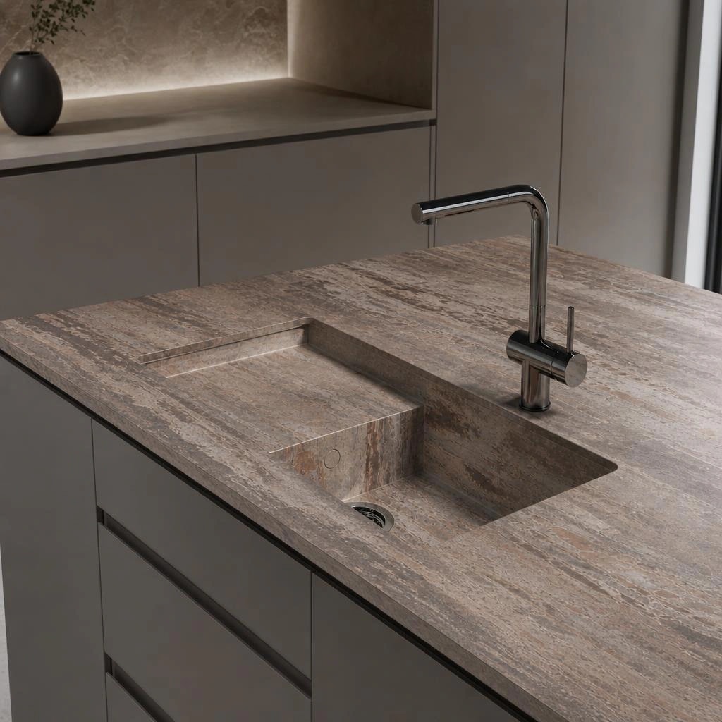Dekton Trilium worktop with integrated sink and chrome tap