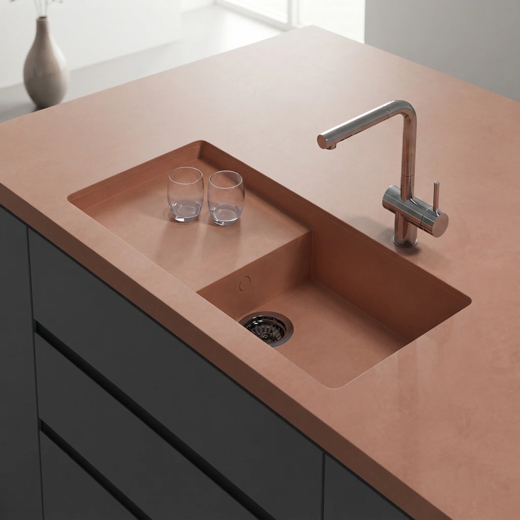 Dekton Umber countertop with an integrated double-bowl sink and metal tap