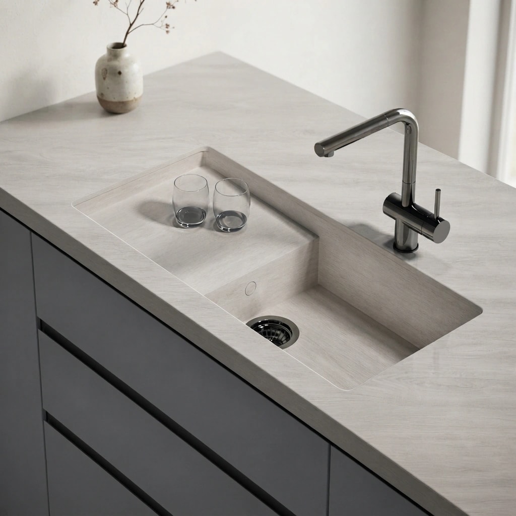 Dekton Zira worktop with integrated sink and chrome tap