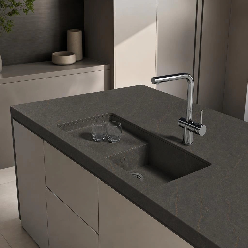 Dark countertop with an integrated sink and chrome tap on a kitchen island