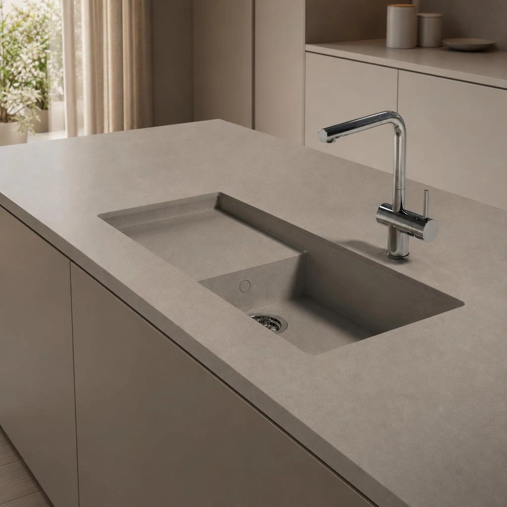 Silestone Brass Relish countertop with integrated sink and chrome tap