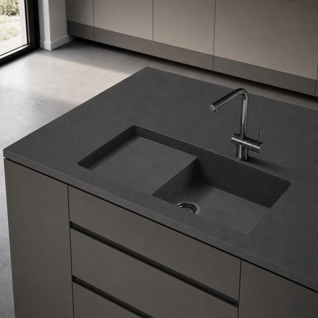 Silestone Portitxol kitchen countertop in Cinder Craze with integrated sink and tap