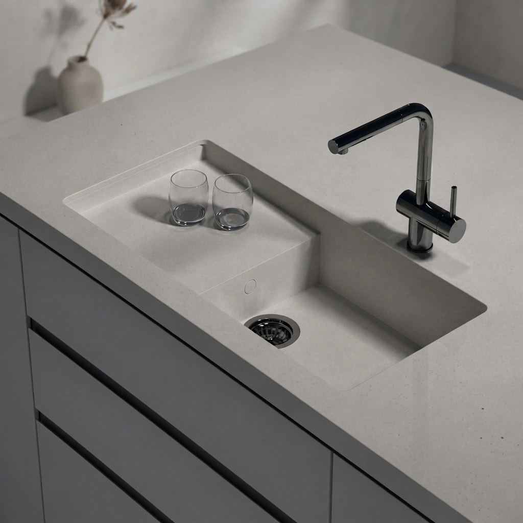 Silestone Concrete Pulse worktop with integrated sink and chrome tap