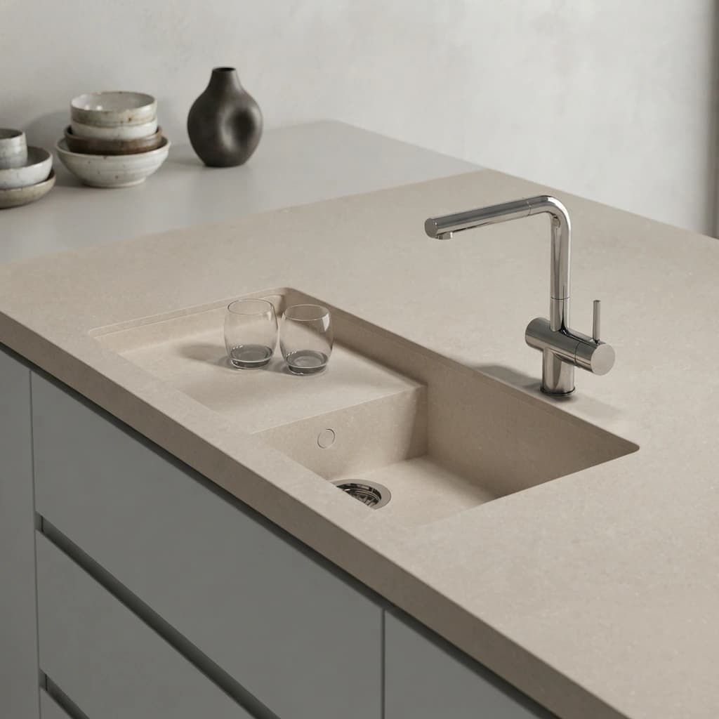 Silestone Coral Clay Colour countertop with integrated sink and chrome faucet