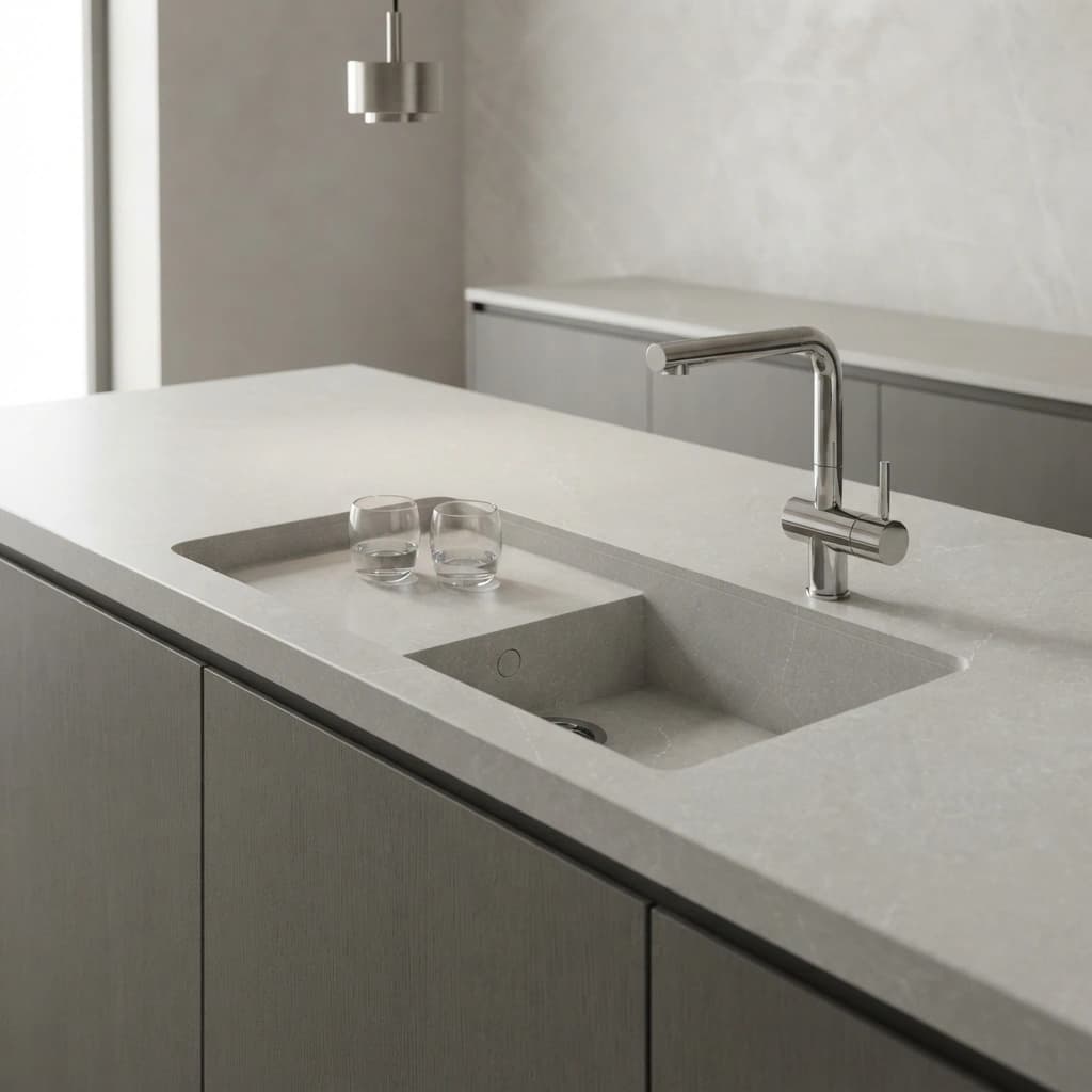 Silestone Desert Silver countertop with integrated sink and chrome faucet