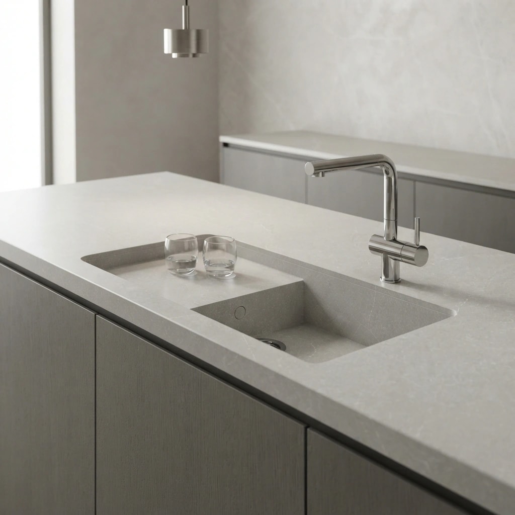 Silestone Desert Silver countertop with integrated sink and chrome faucet