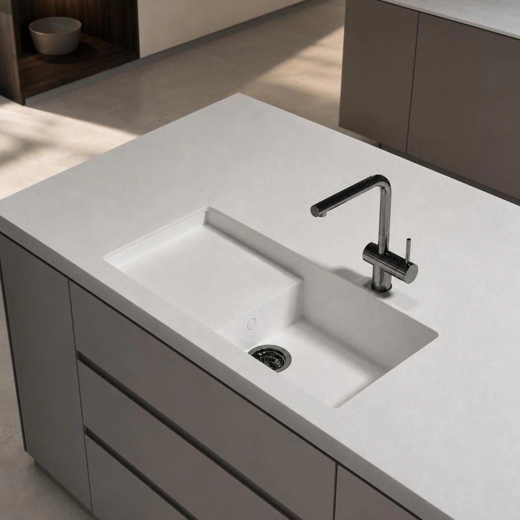 White Silestone Et Statuario worktop with an integrated sink and chrome tap
