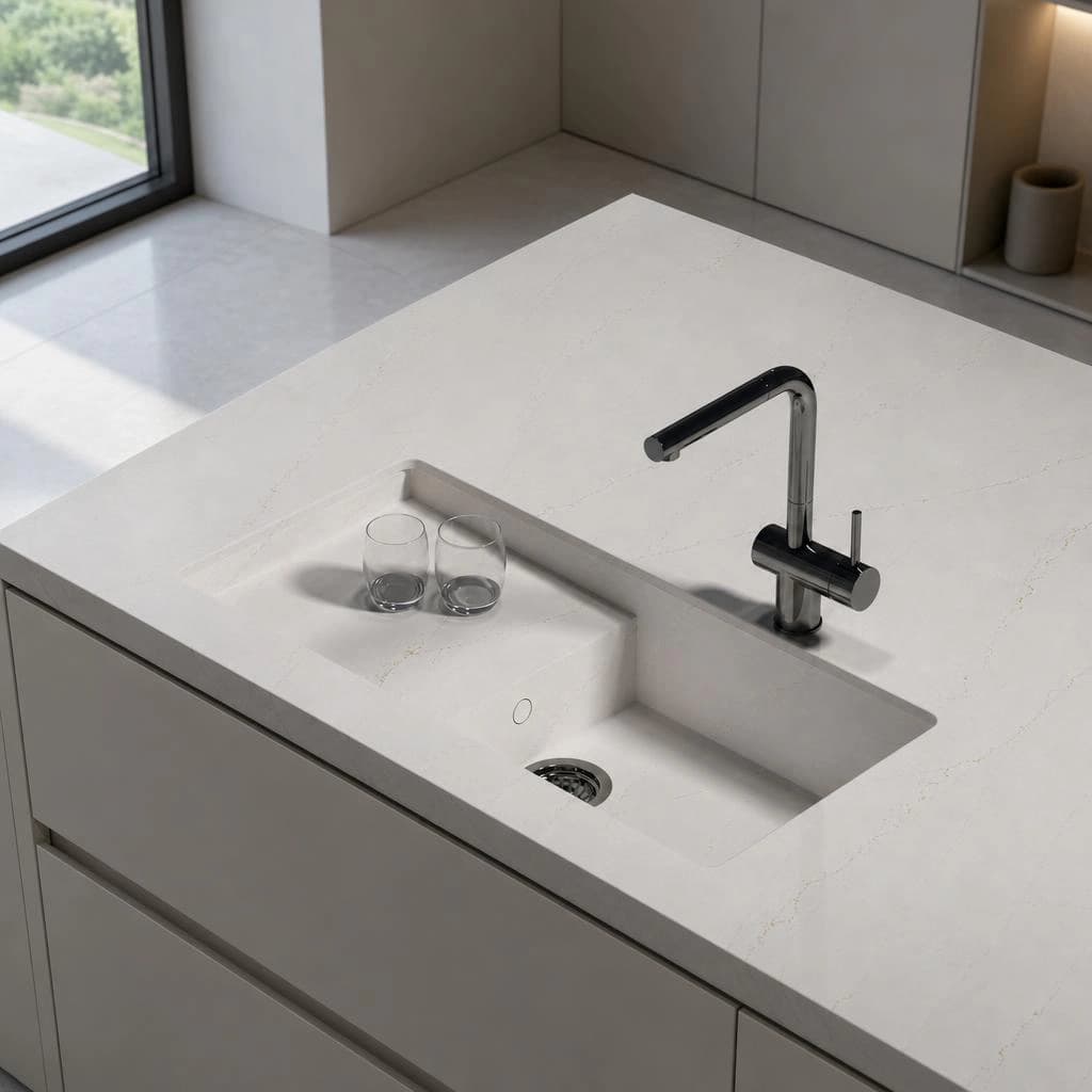 White Silestone Ethereal Glow Portitxol worktop with integrated sink and black tap