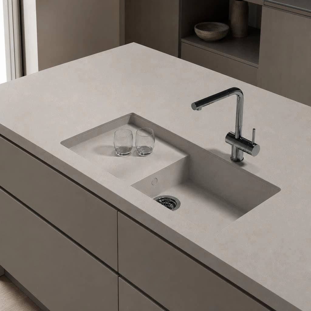Light Silestone Portitxol Ffrom01 worktop with integrated sink and chrome tap