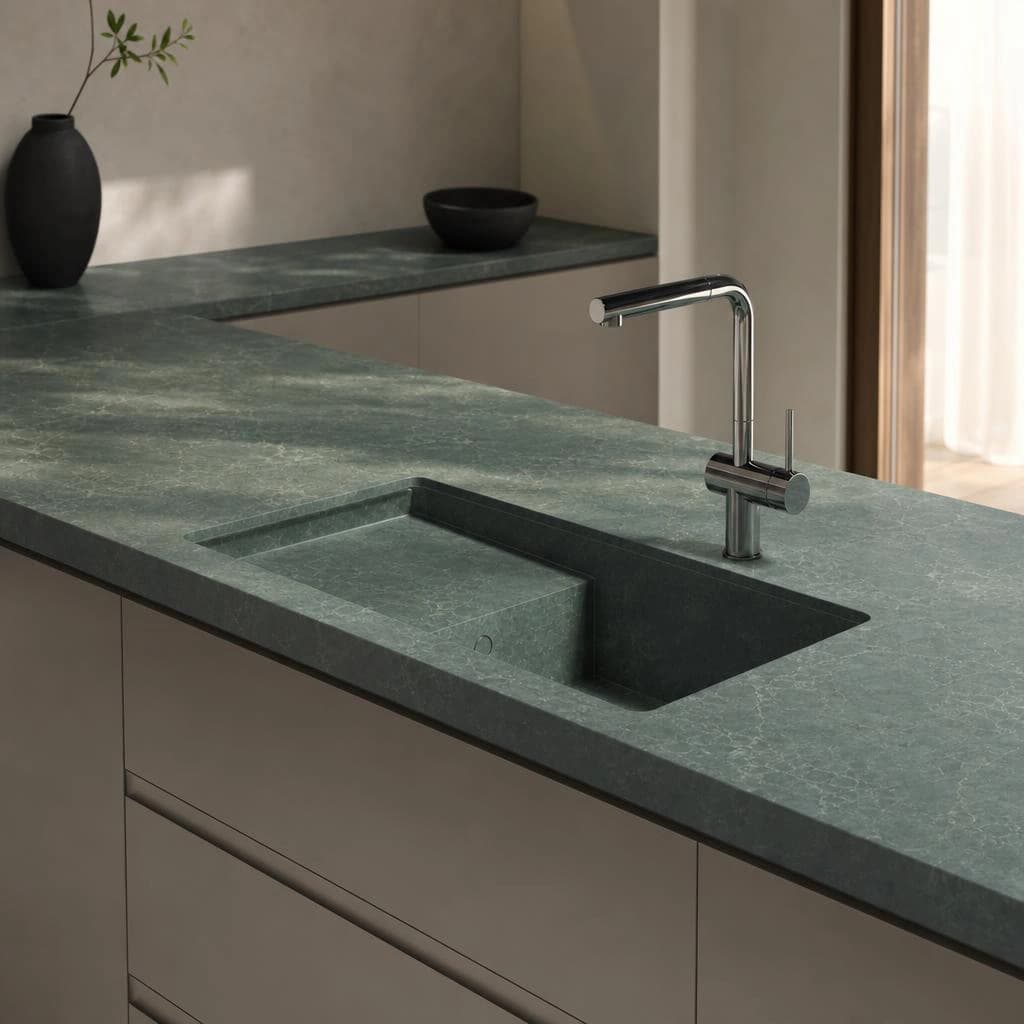 Silestone Jardin Emerald Arbeitsplatte mit integriertem Spülbecken und verchromter Armatur