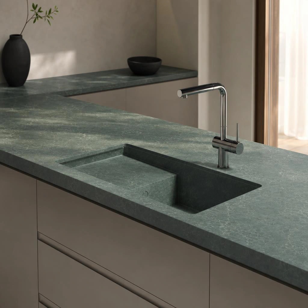 Silestone Jardin Emerald countertop with integrated sink and chrome faucet