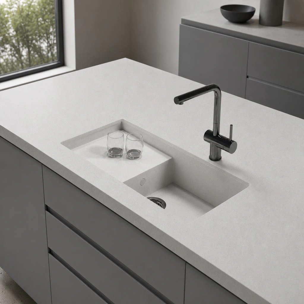 White Silestone Lagoon countertop with integrated sink and black tap in a kitchen