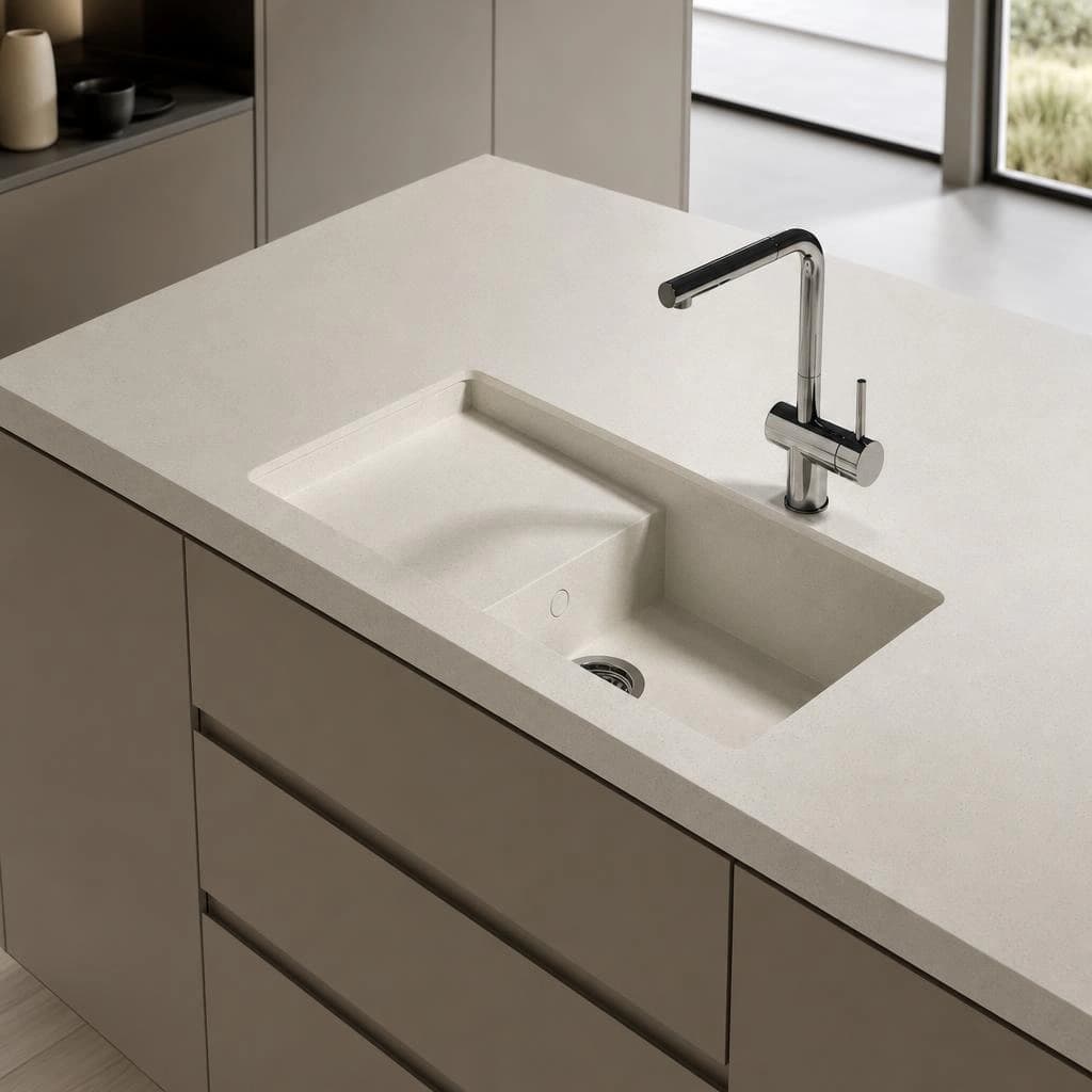 Weiße Silestone Lime Delight Arbeitsplatte mit integriertem Spülbecken und verchromter Armatur