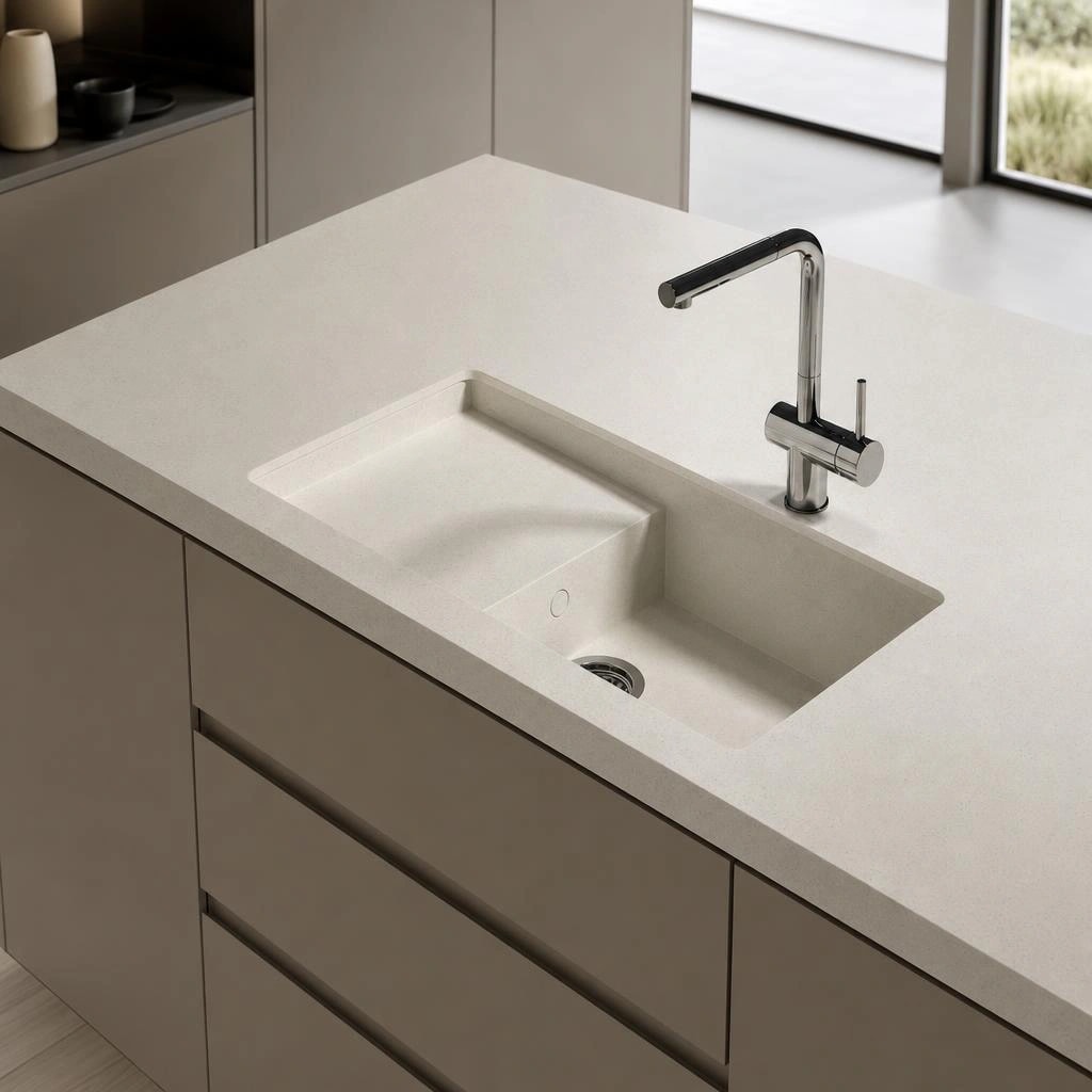 White Silestone Lime Delight countertop with integrated sink and chrome faucet