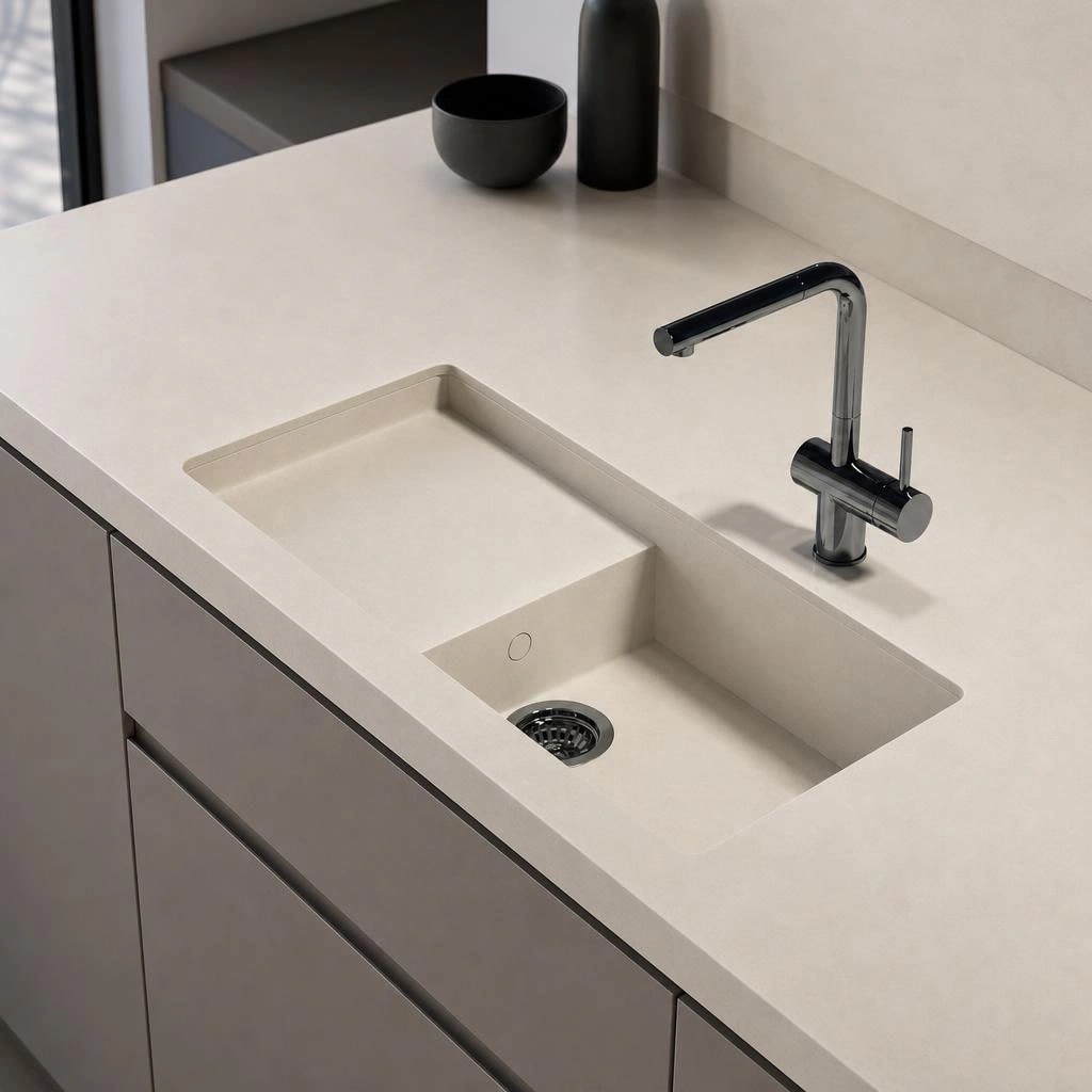Silestone Linen Cream countertop with integrated rectangular sink and chrome faucet