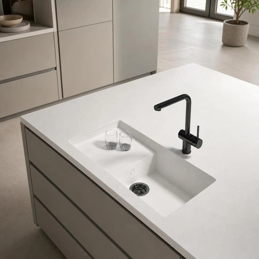 Weiße Silestone Miami Vena Arbeitsplatte mit integriertem Spülbecken und schwarzer Armatur
