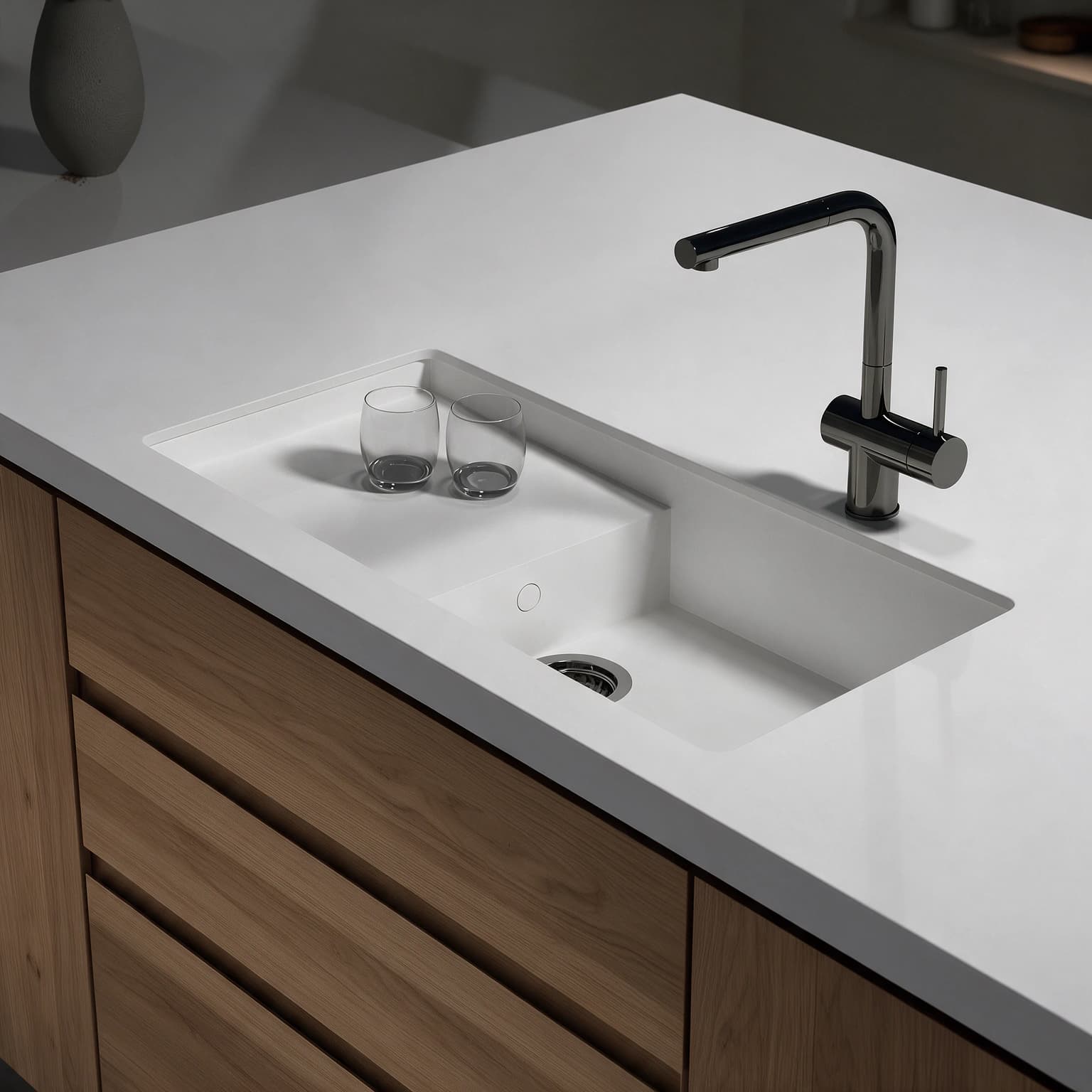 Portitxol sink integrated into a Silestone Miami White kitchen countertop.