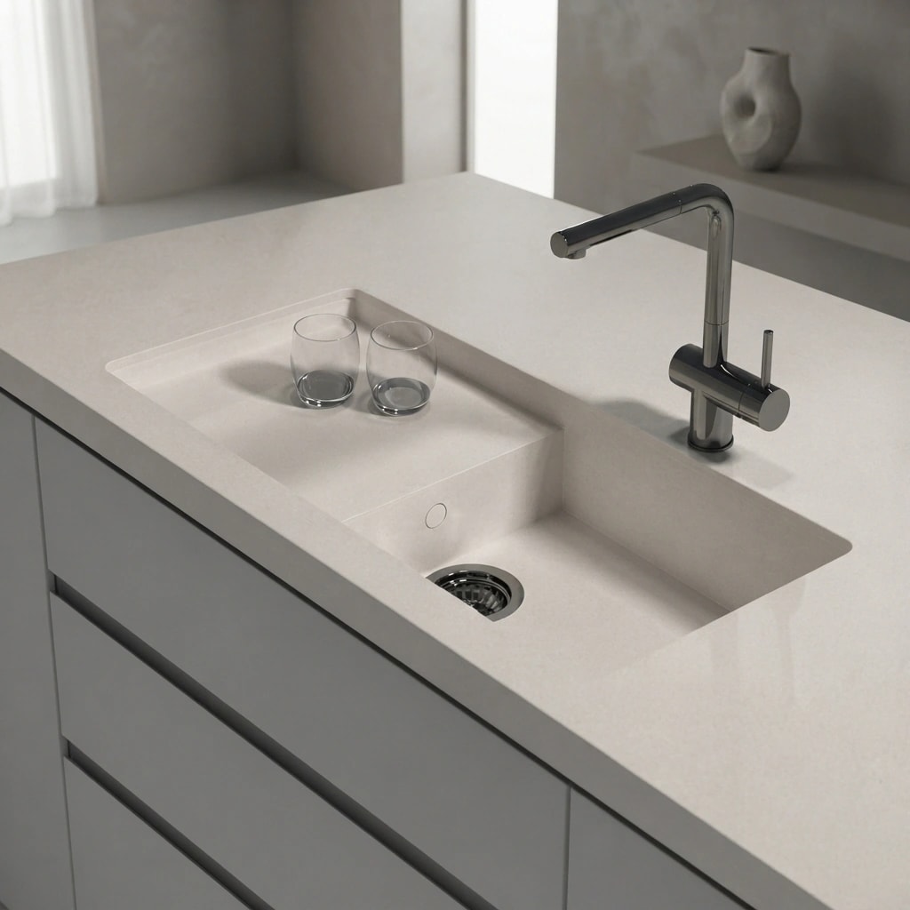 Silestone Motion Grey countertop with integrated sink and chrome faucet