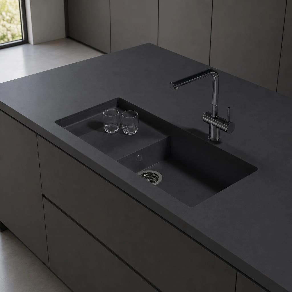 Black Silestone Night Tebas18 countertop with integrated sink and black tap
