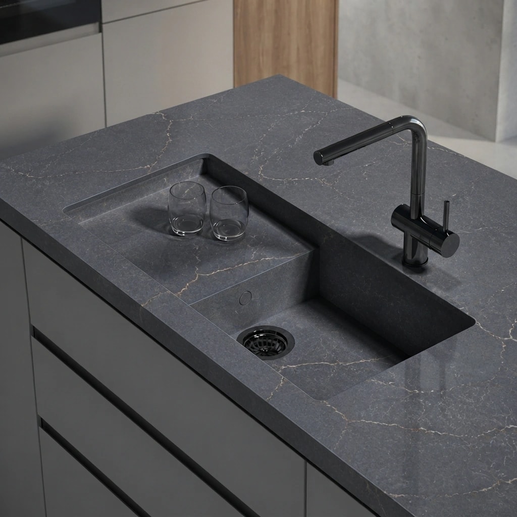 Silestone Parisien Bleu countertop with integrated sink, black tap and two glasses