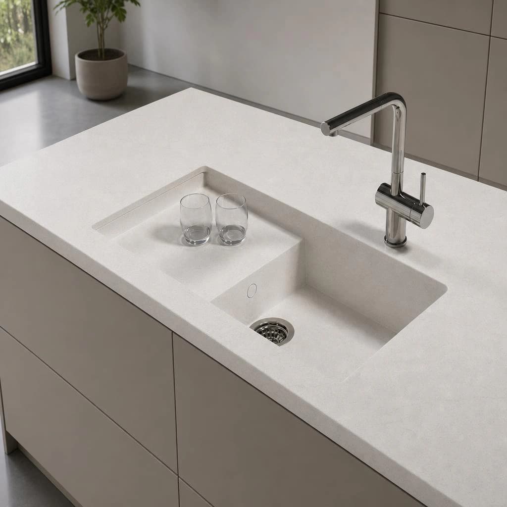 Encimera blanca Silestone Pearl Jasmine con fregadero integrado y grifo cromado