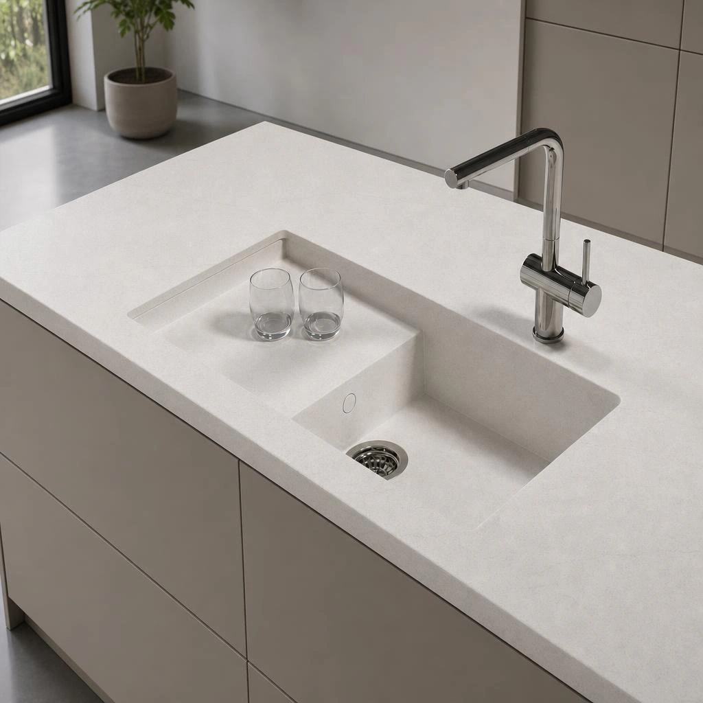 White Silestone Pearl Jasmine countertop with integrated sink and chrome faucet