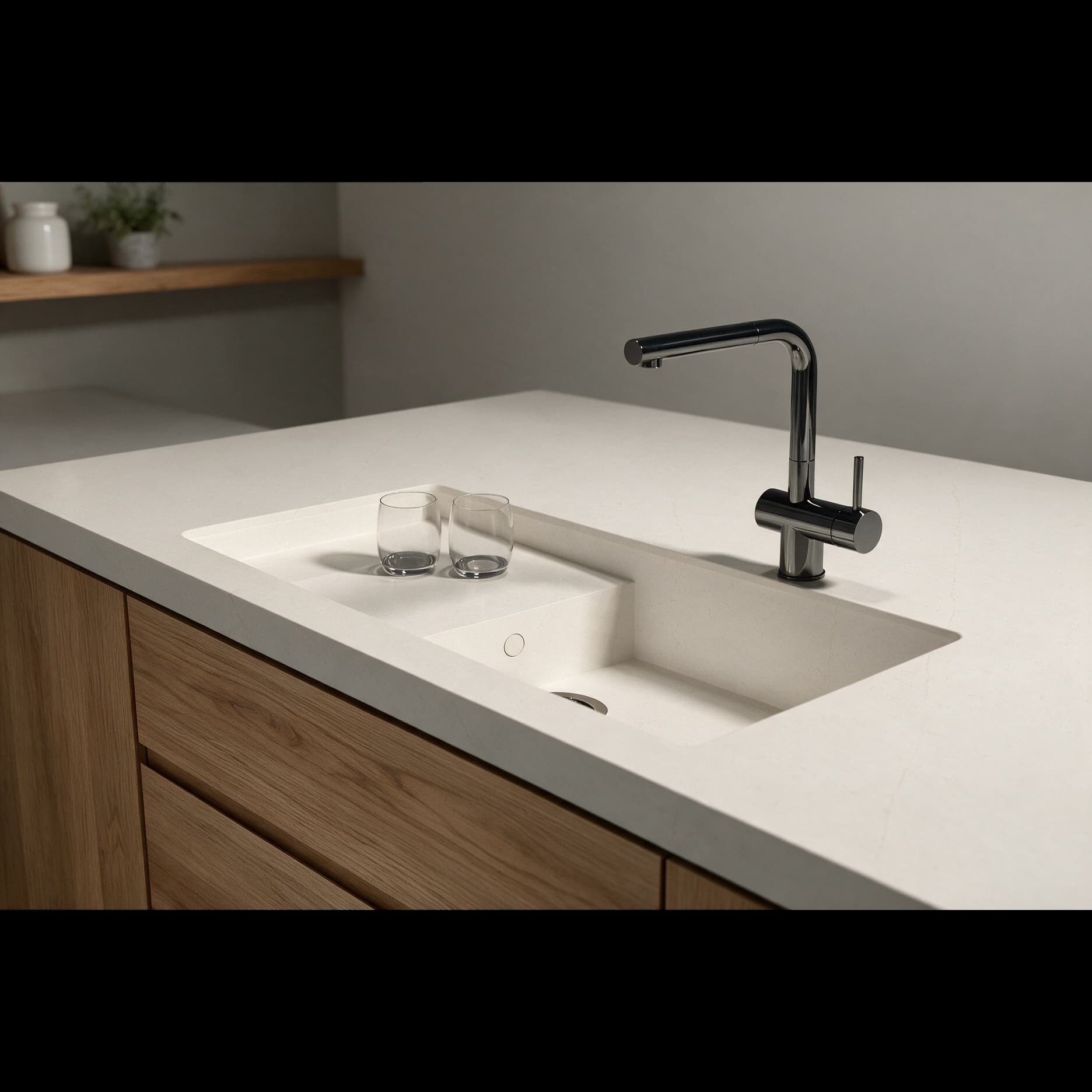 Spüle Portitxol, integriert in eine Küchenarbeitsplatte aus Silestone Persian White.