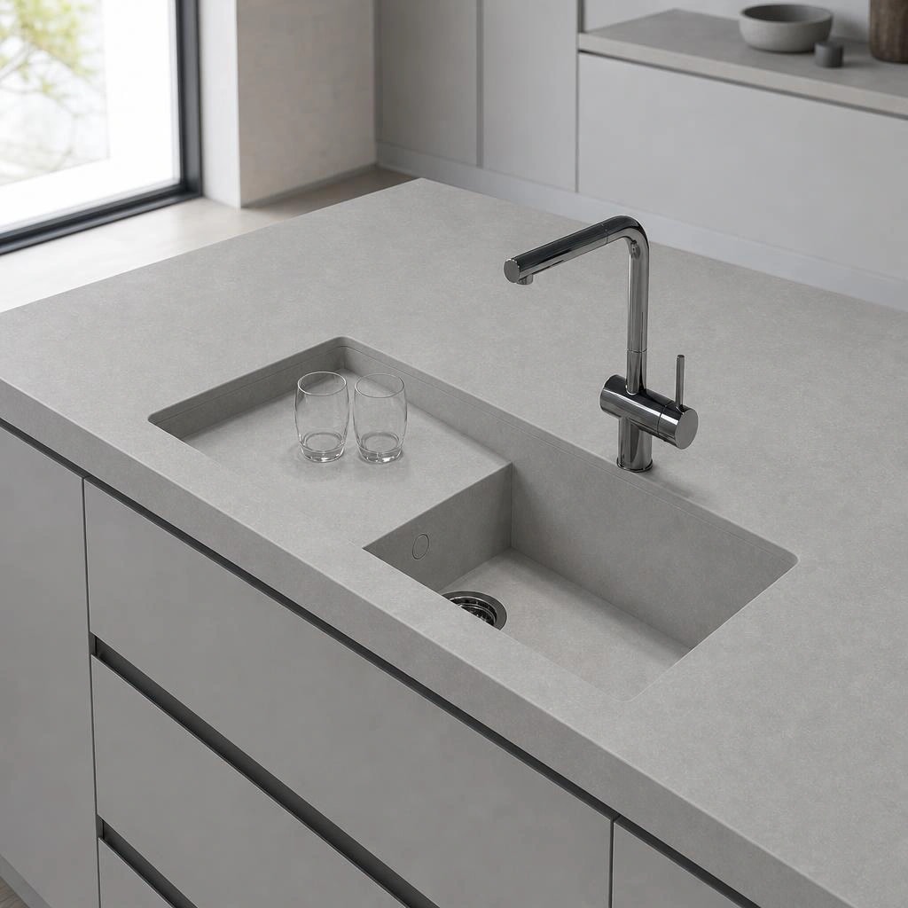 Silestone Poblenou countertop with integrated sink, chrome faucet and two glasses