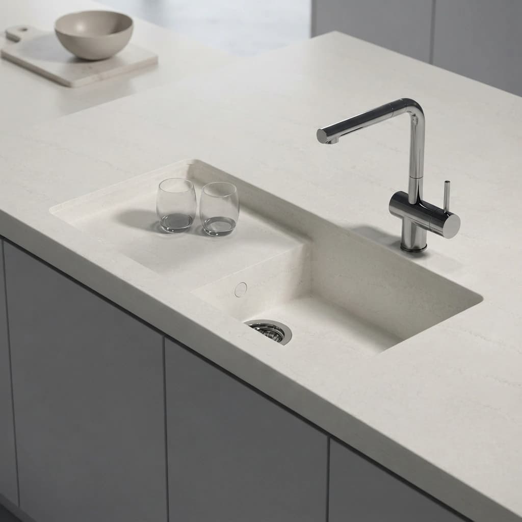 Bancada Silestone Portitxol em Raw A com lava-loiça integrado e torneira cromada