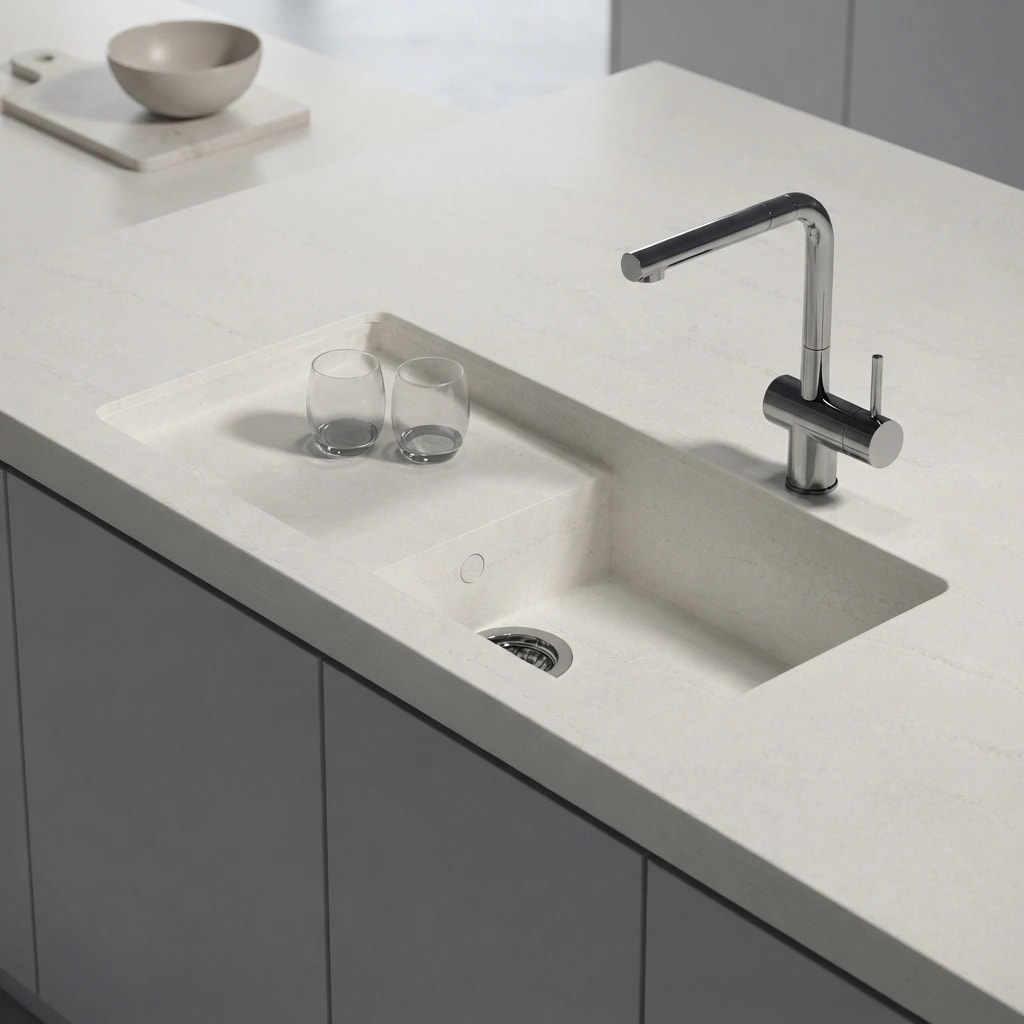 Silestone Portitxol countertop in Raw A with an integrated sink and chrome faucet
