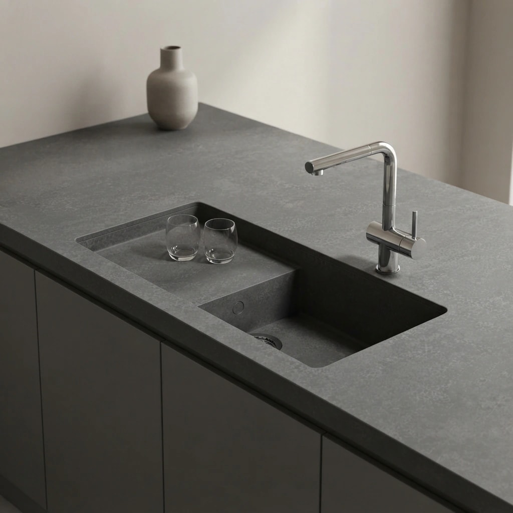 Silestone Raw D countertop with integrated sink and chrome faucet