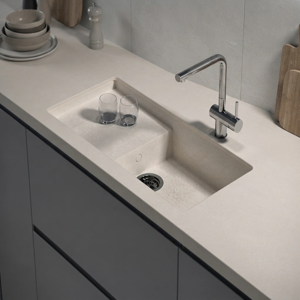 Silestone Rivière Rose countertop with integrated sink and metal tap