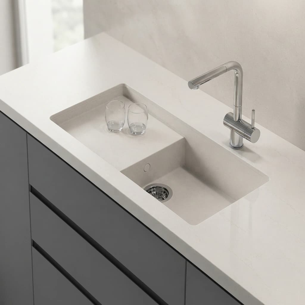 Weiße Silestone Siberian Arbeitsplatte mit integriertem Doppelspülbecken und Chromarmatur