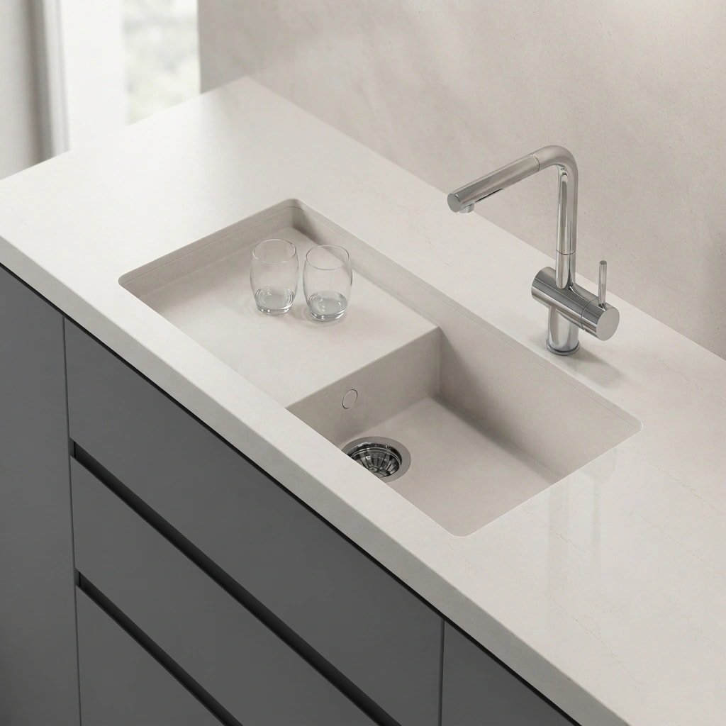 White Silestone Siberian countertop with an integrated double-bowl sink and chrome tap