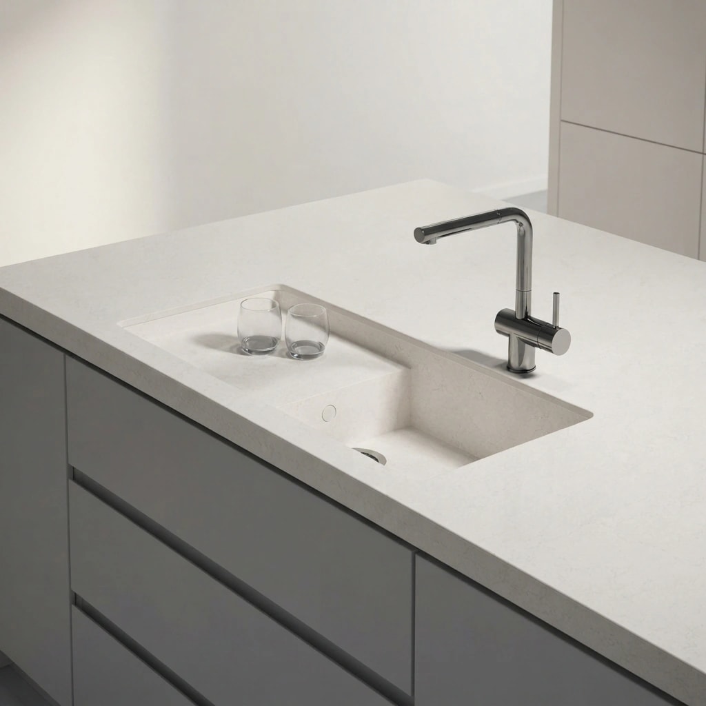 White Silestone Snowy Ibiza countertop with integrated sink and chrome tap