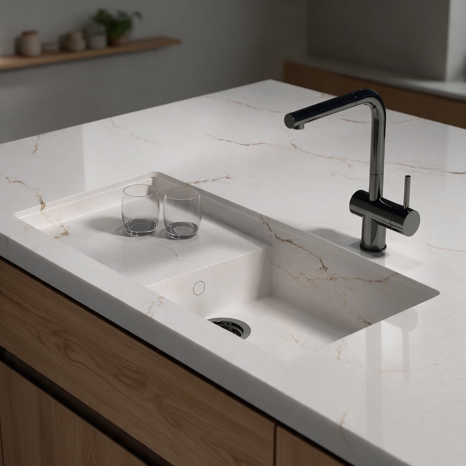 Portitxol sink integrated into a Silestone Versailles Ivory kitchen countertop.