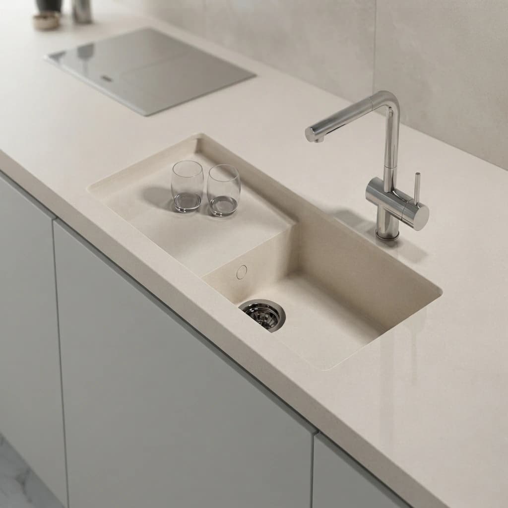 White Silestone White Storm14 worktop with integrated sink, chrome tap and hob